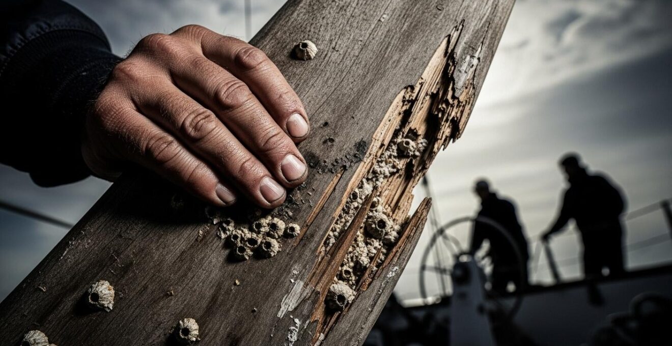 Image en gros plan d’une main sur un gouvernail endommagé sur un voilier avec un équipage en fond flou