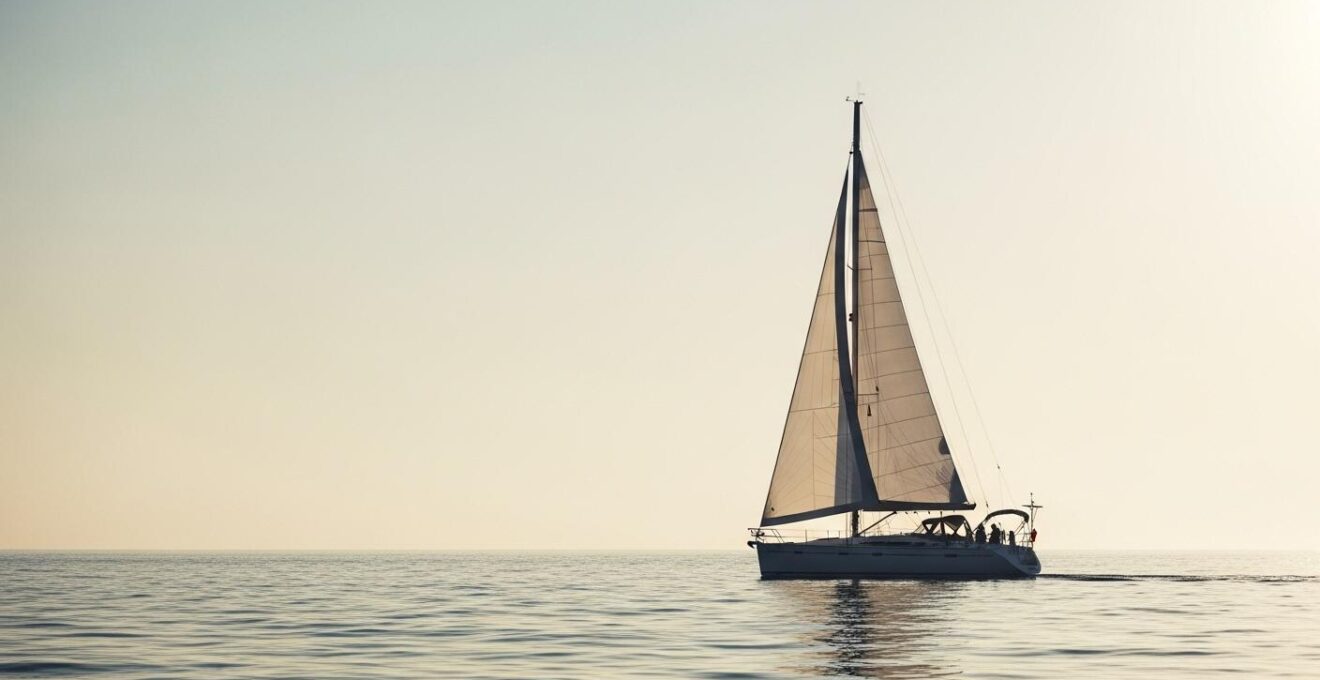 Voilier naviguant paisiblement sur une mer calme au coucher du soleil, symbolisant la liberté et les envies profondes du marin.