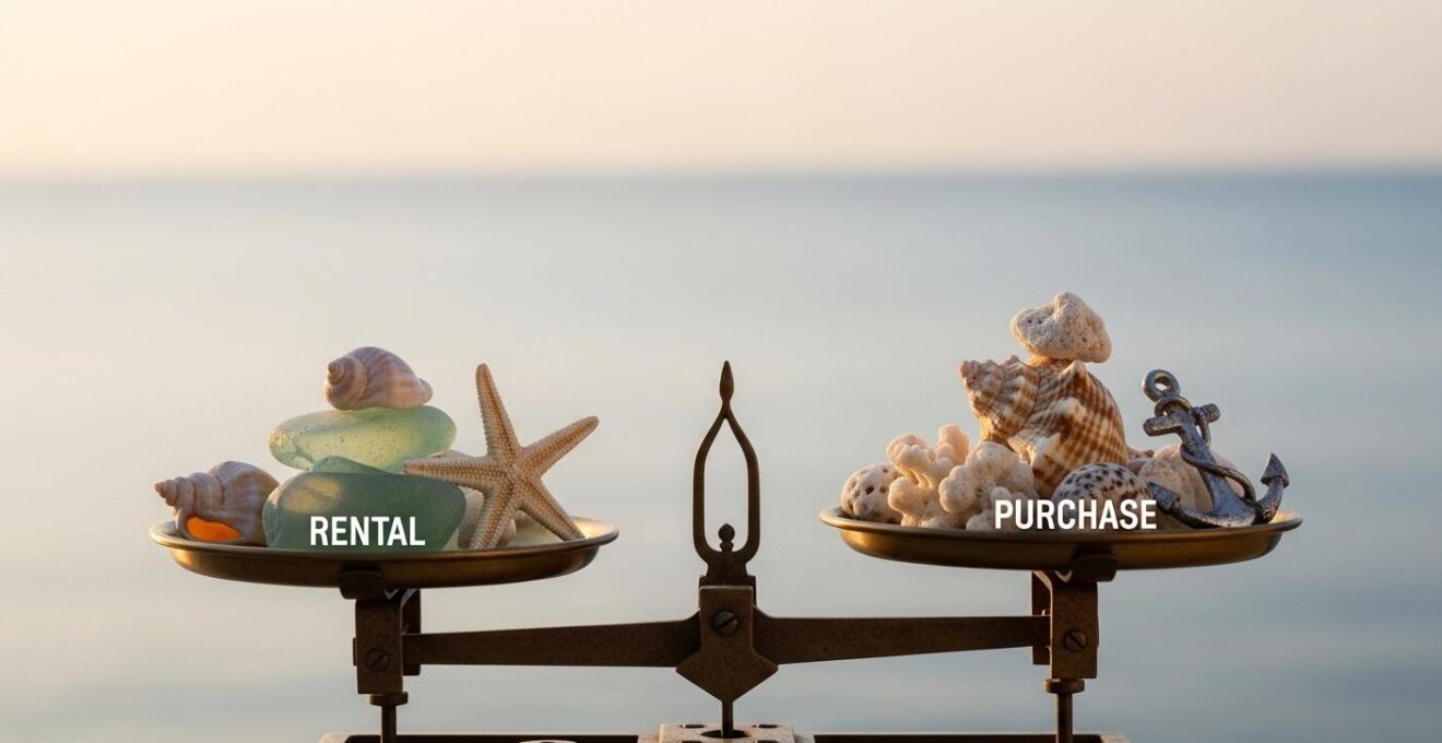 Balance symbolique illustrant le choix entre location et achat de bateau