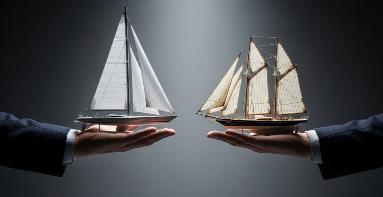 Illustration symbolique représentant deux mains tendant vers deux maquettes de voiliers différents, une haute technologie l'autre classique, illustrant le choix d’ambitions et ressources
