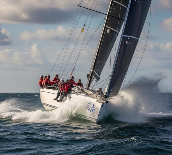 Voilier de course vibrant en pleine mer avec skippers concentrés sur le pont sous un ciel dramatique