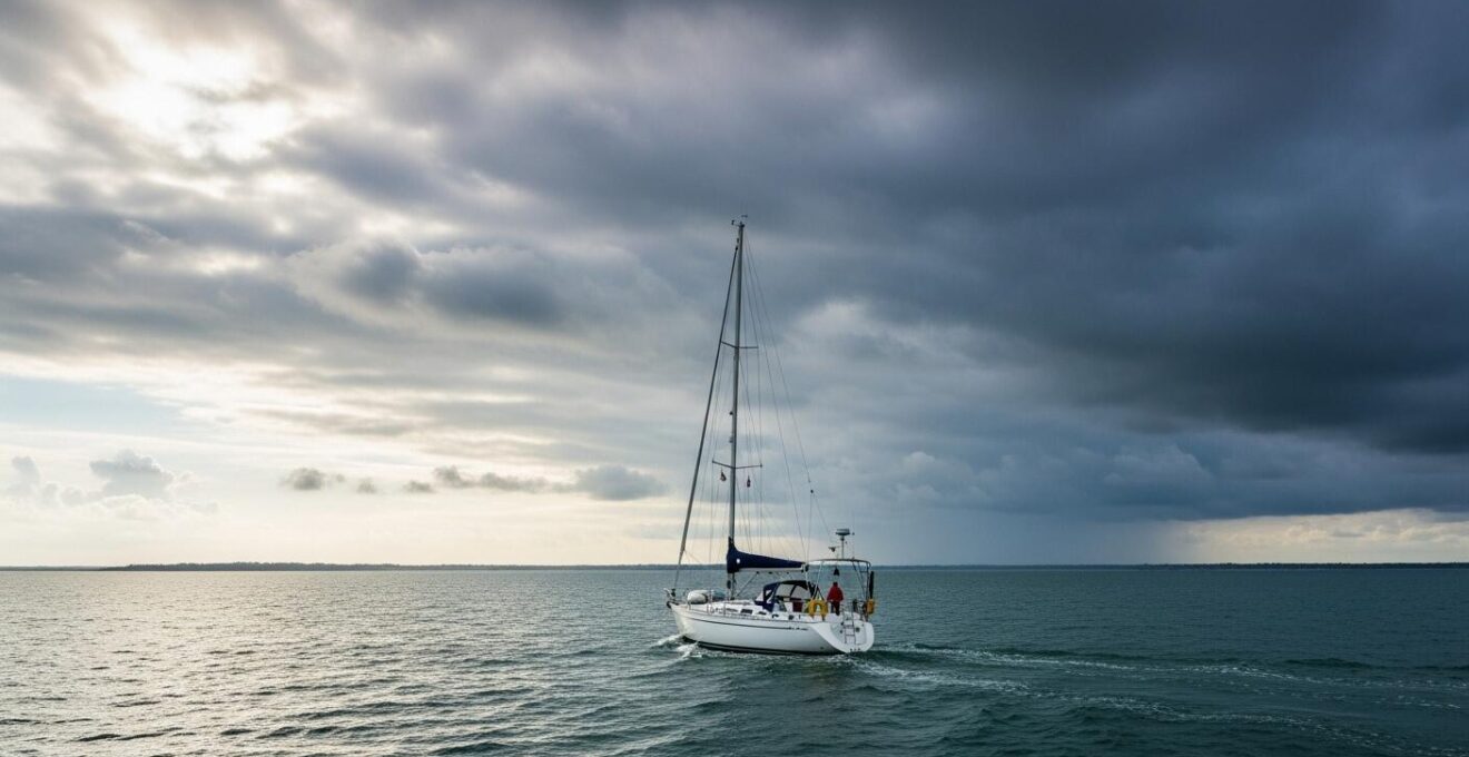 Voilier naviguant près des côtes bretonnes avec un ciel changeant illustrant la météo capricieuse
