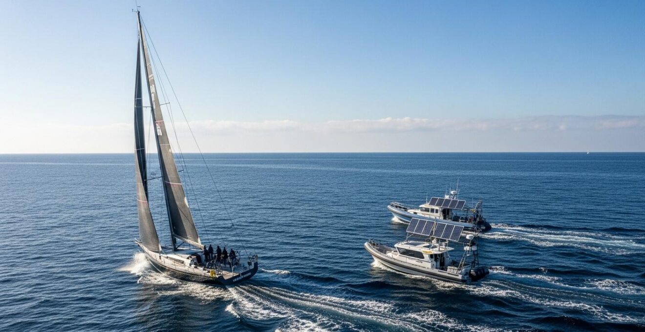 Photographie réaliste d’un voilier de course au large naviguant dans une mer calme sous un ciel clair avec des panneaux solaires visibles sur un bateau d’assistance