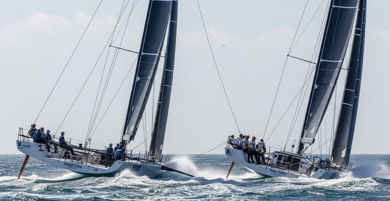 Vue spectaculaire d'un duel en mer entre deux voiliers sportifs, un prototype et un monotype, capturant la vitesse, la technologie et la tradition de la voile de compétition