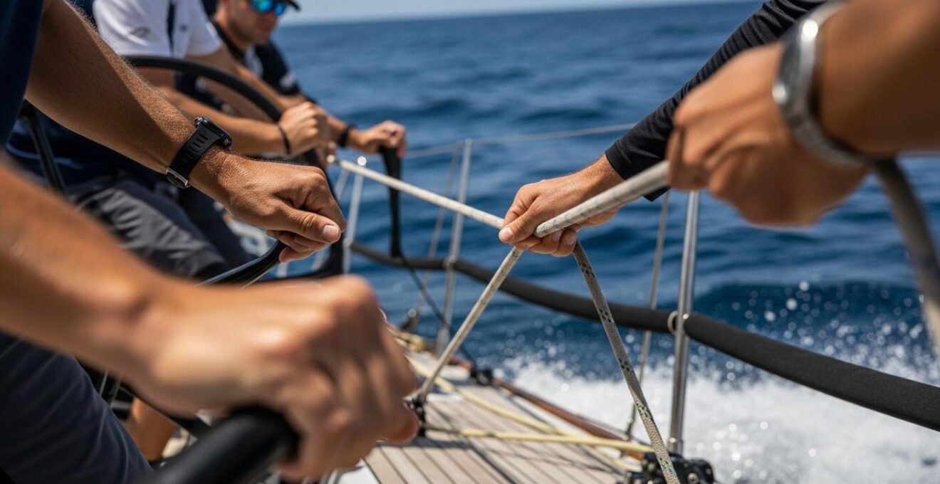 Équipage de voilier en pleine manœuvre de virement de bord lors d’un entraînement en régate
