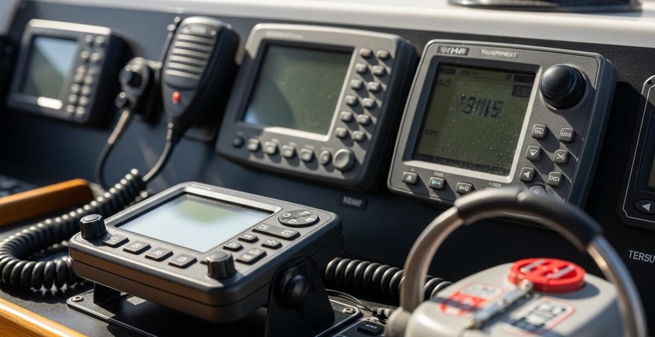 Photographie d’équipements VHF, AIS et EPIRB disposés sur le panneau de commande d’un bateau, montrant leur intégration technique.