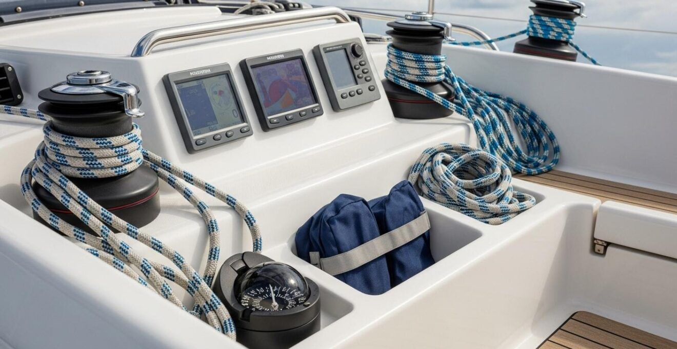 Détail des équipements fonctionnels et confortables d'un voilier en mer