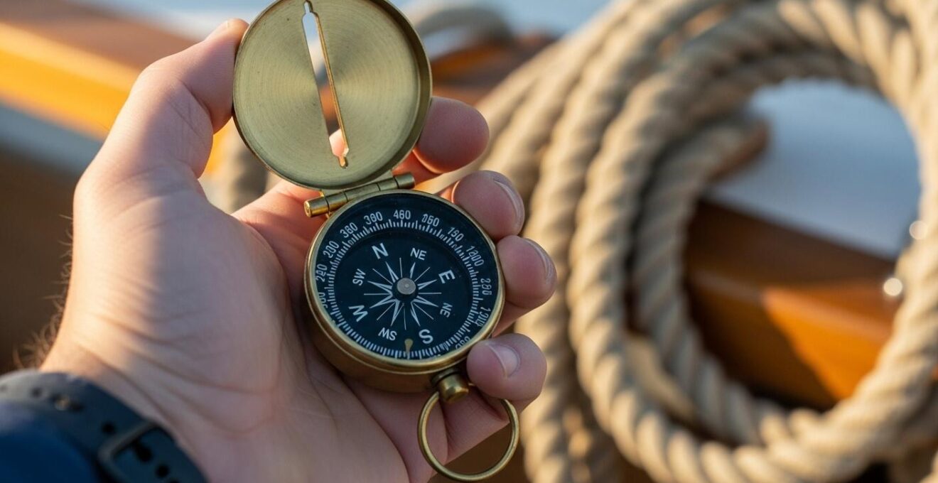 Main d’un skipper tenant une boussole nautique symbolisant la pensée et les fondamentaux marins