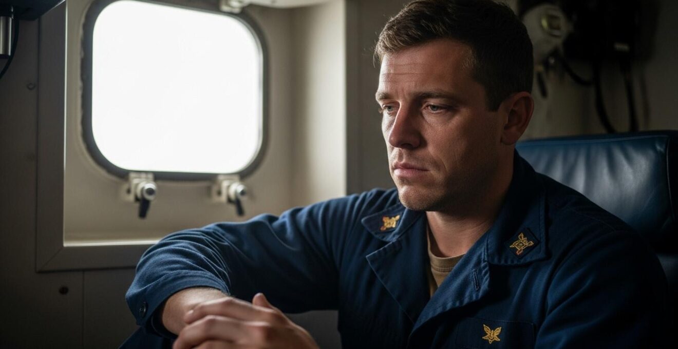 Photographie d’un marin assis, fatigué, reposant sa tête sur ses mains dans la cabine du bateau, montrant la fatigue au travail maritime.