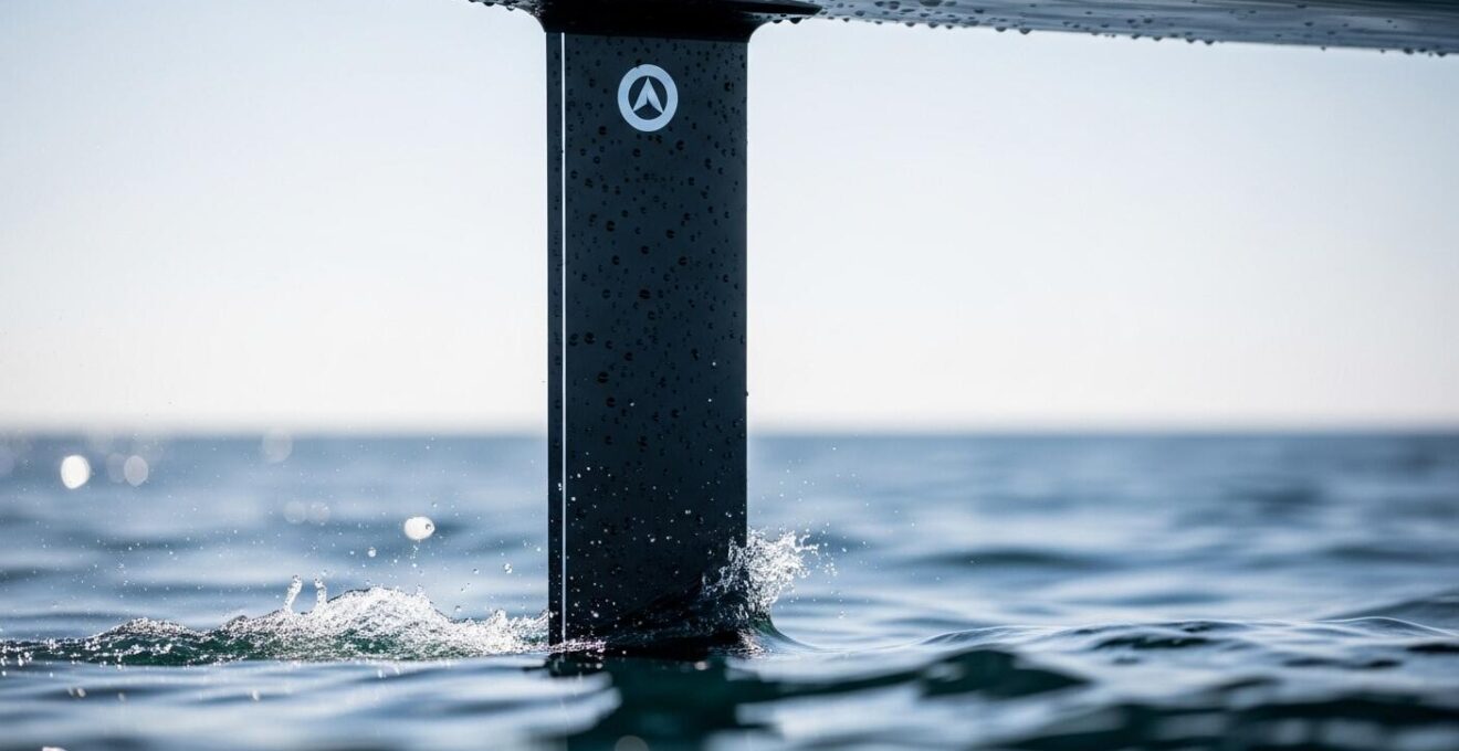 Gros plan sur un foil d'un IMOCA en mer, illustrant la technologie avancée dans la course au large.
