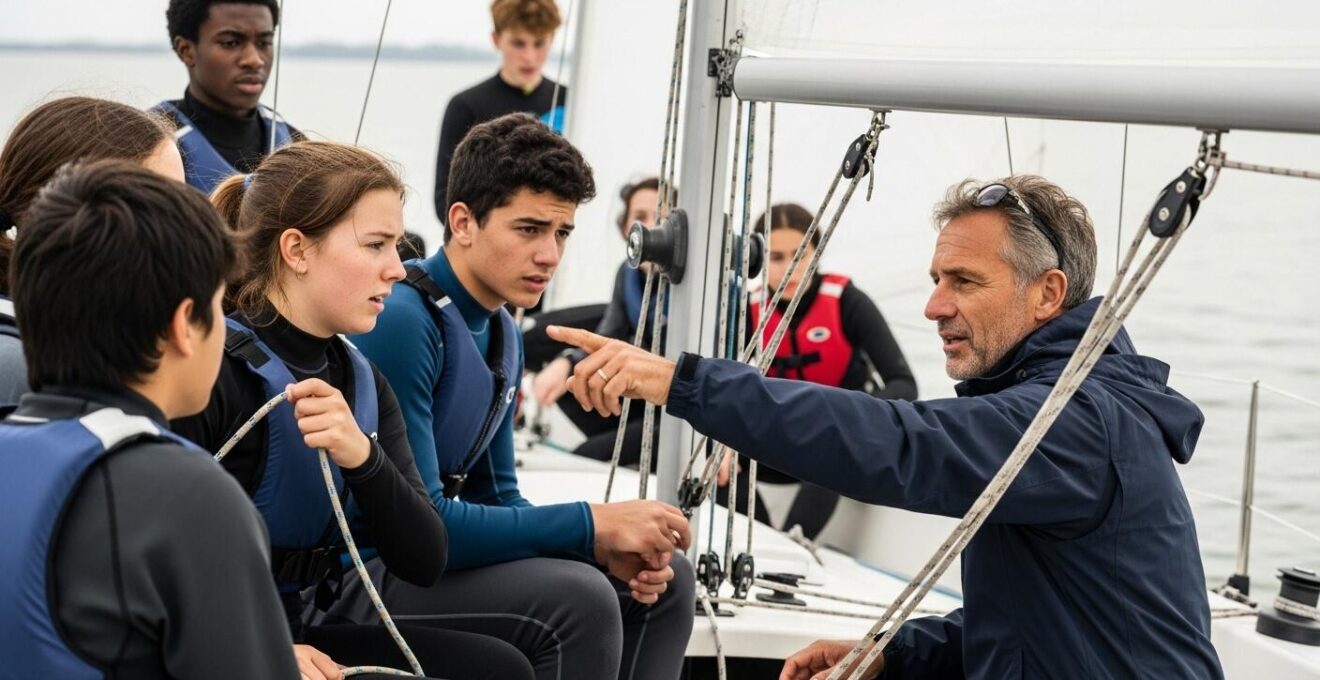 Photographie réaliste d'un groupe de jeunes marins en formation sur un voilier d'entraînement