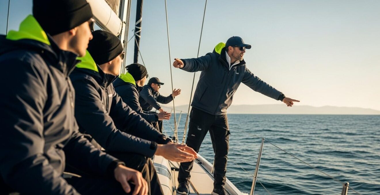 Skipper charismatique dirigeant son équipage sous un ciel clair en mer