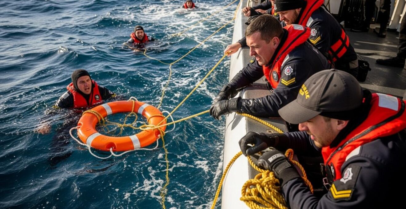 Photo documentaire d’une équipe de marins en action effectuant une manœuvre d’homme à la mer en mer agitée
