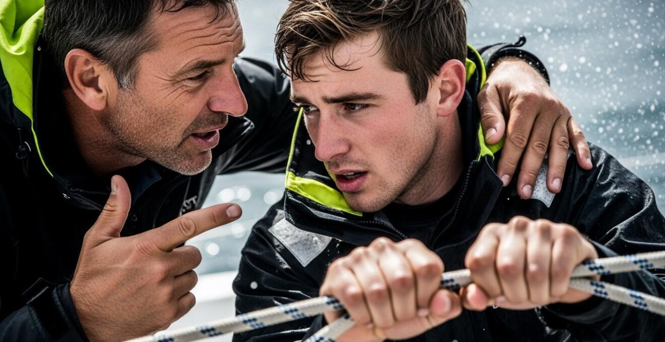 Skipper encourageant un équipier pendant une manœuvre en régate intense