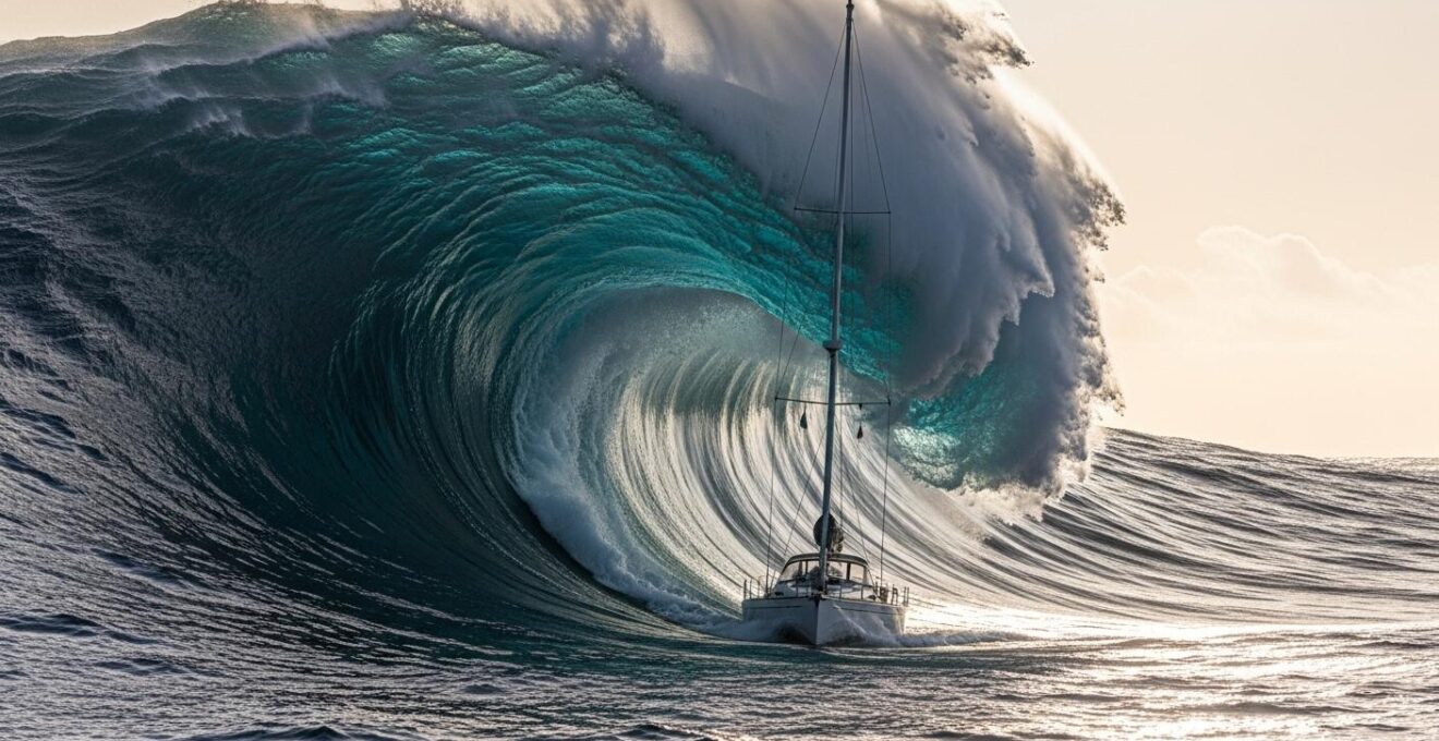 Photographie symbolique d'une vague puissante formant un mur face à un voilier moderne pour illustrer l'effet de soulèvement.