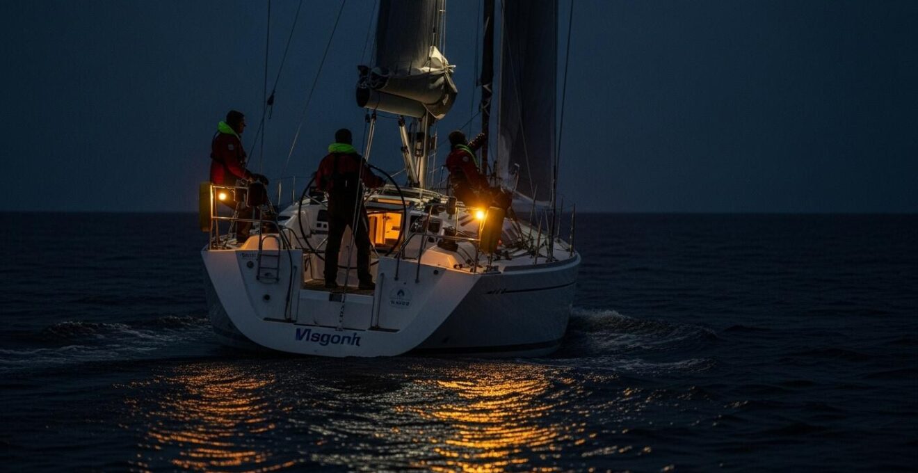 Voilier naviguant de nuit près des côtes avec les feux de position lumineux