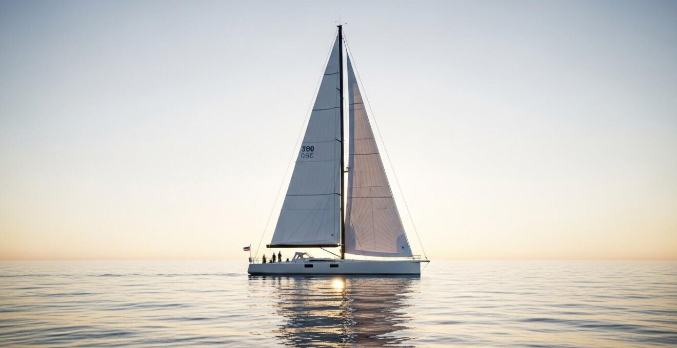 Voilier moderne glissant sur une mer calme au lever du soleil, mettant en avant l'équilibre entre technique et voile, symbolisant la quête des gains marginaux