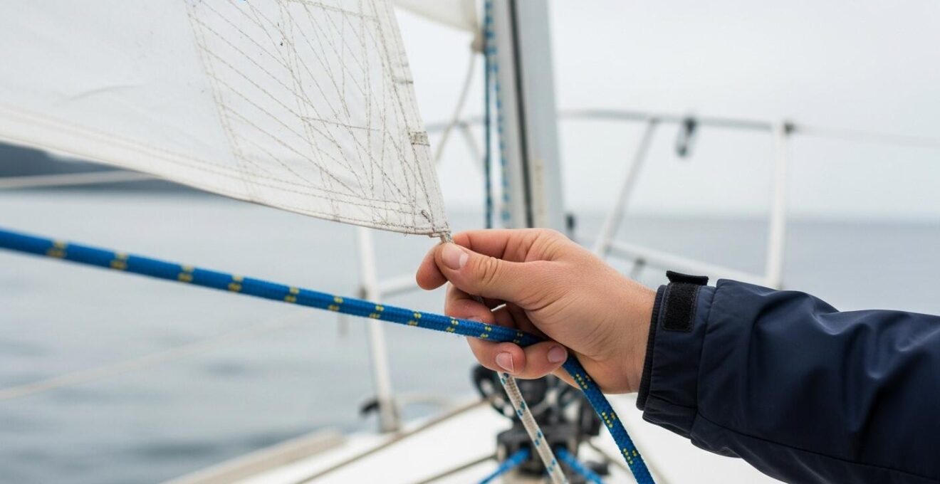 Détail en gros plan montrant une main ajustant les voiles sur un voilier gîté.