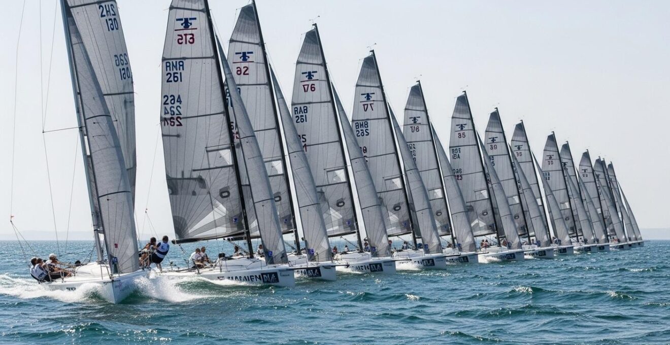 Voiliers identiques participant à une régate monotype sur une mer agitée