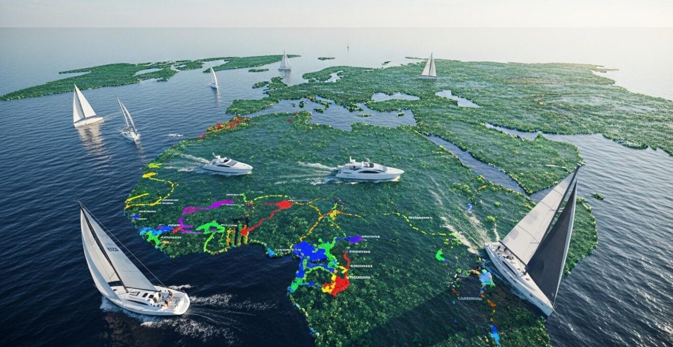 Un planisphère illustré mettant en scène divers voiliers de régate en pleine compétition sur différentes mers, symbolisant les différentes catégories de courses nautiques.