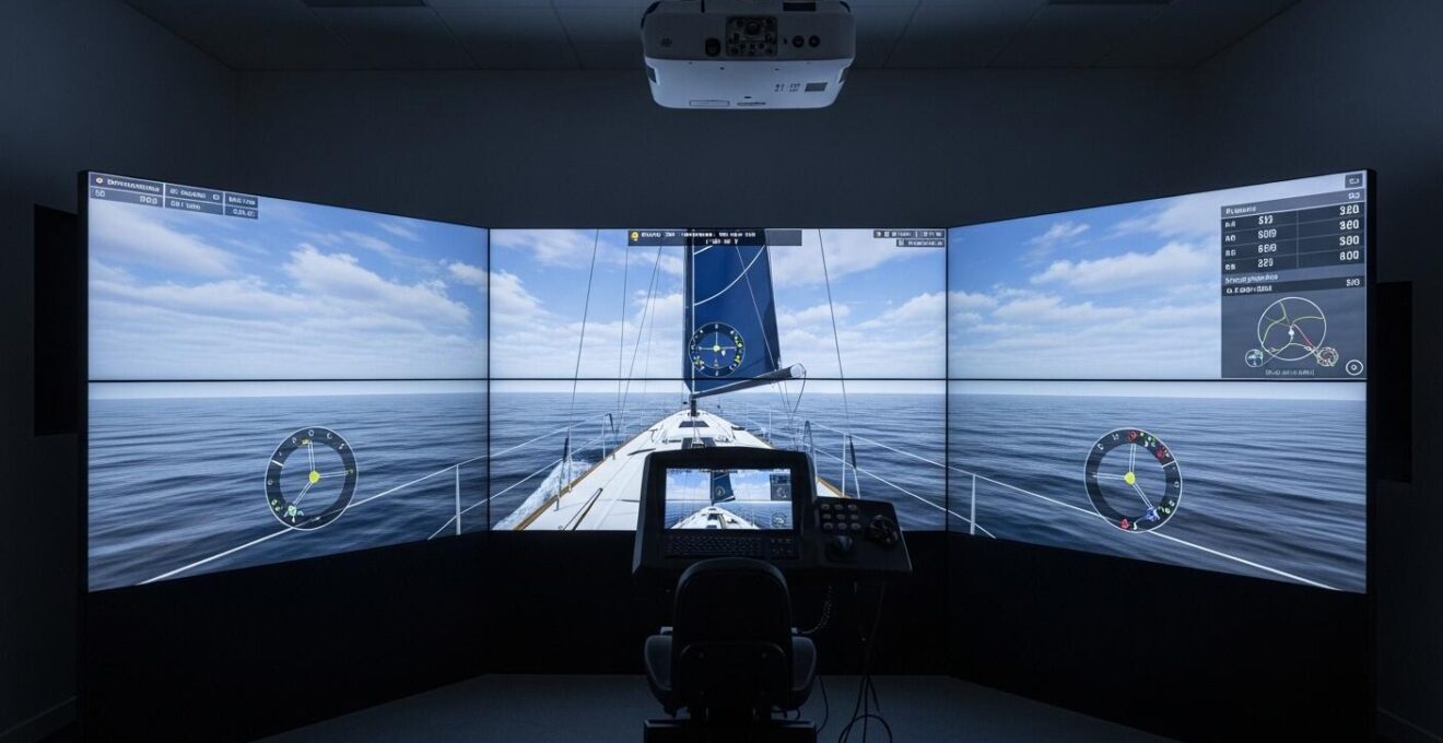 Vue d’écran avec graphismes réalistes d’un simulateur de voile en action