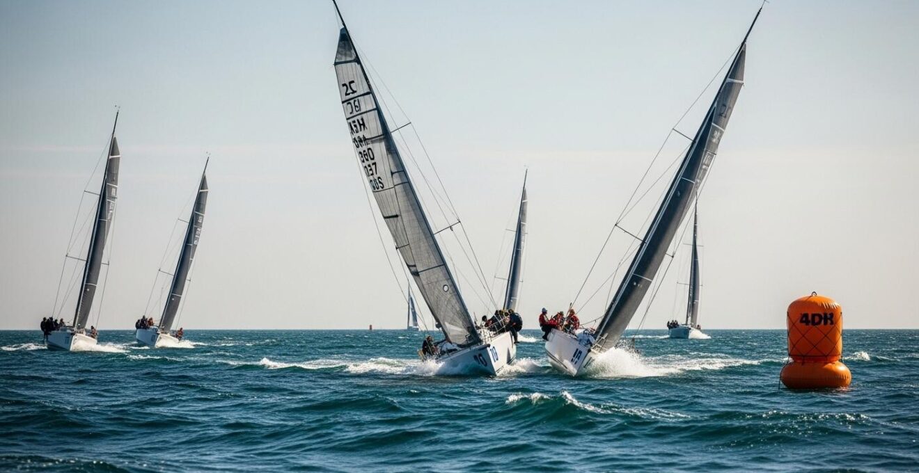 Voilier en régate naviguant près d'une bouée avec d'autres concurrents, lumière naturelle, ambiance dynamique de compétition nautique