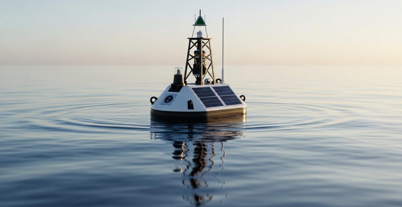 Photographie réaliste d’une bouée robotique autonome flottant sur l’eau lors d’une régate