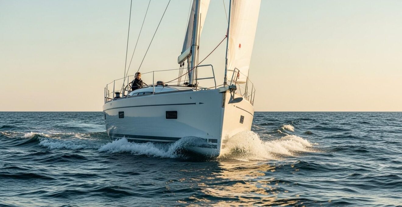 Photo réaliste d'un voilier moderne naviguant à grande vitesse sur une mer légèrement agitée au coucher du soleil.
