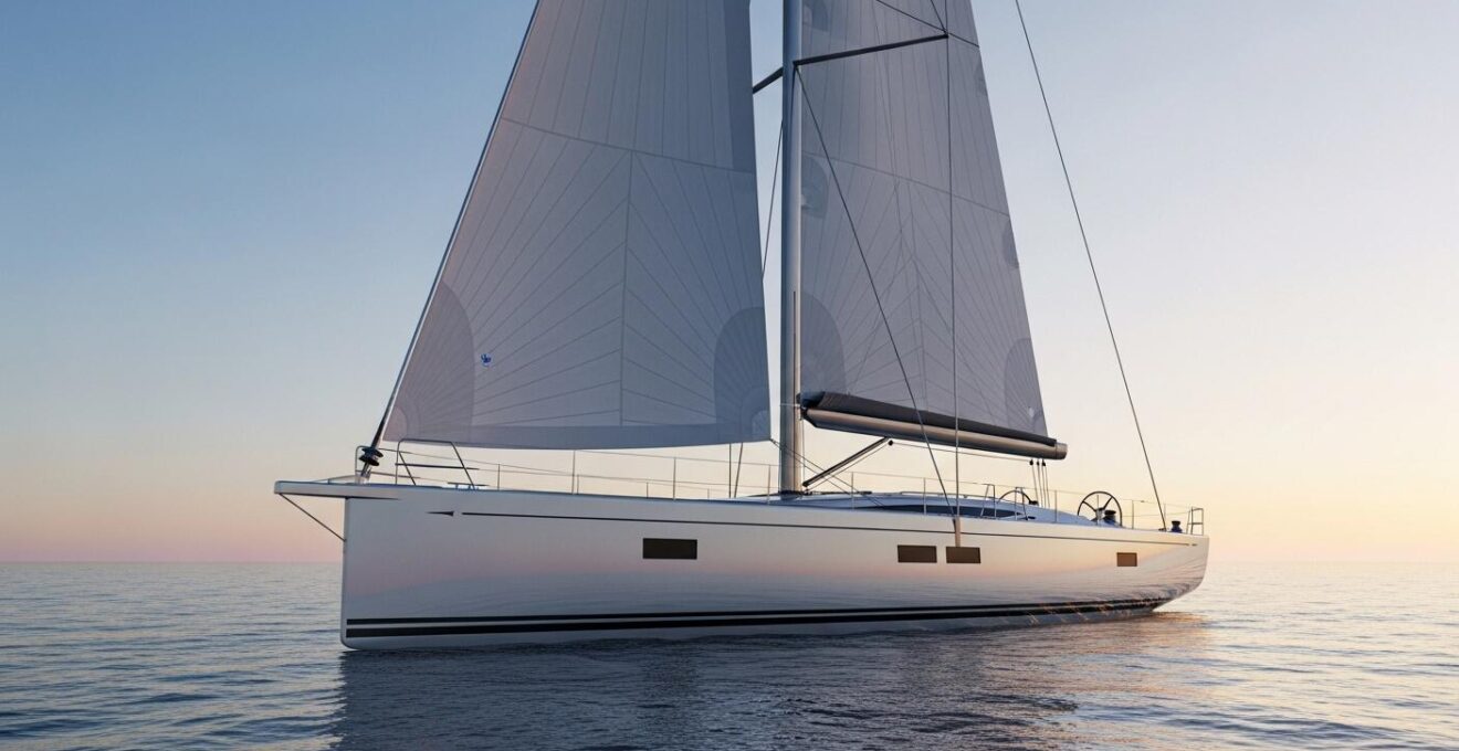 Voilier moderne en matériaux composites naviguant sur une mer calme au coucher du soleil