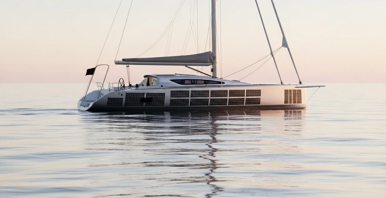 Voilier moderne avec système de propulsion électrique naviguant sur une mer calme au lever du soleil