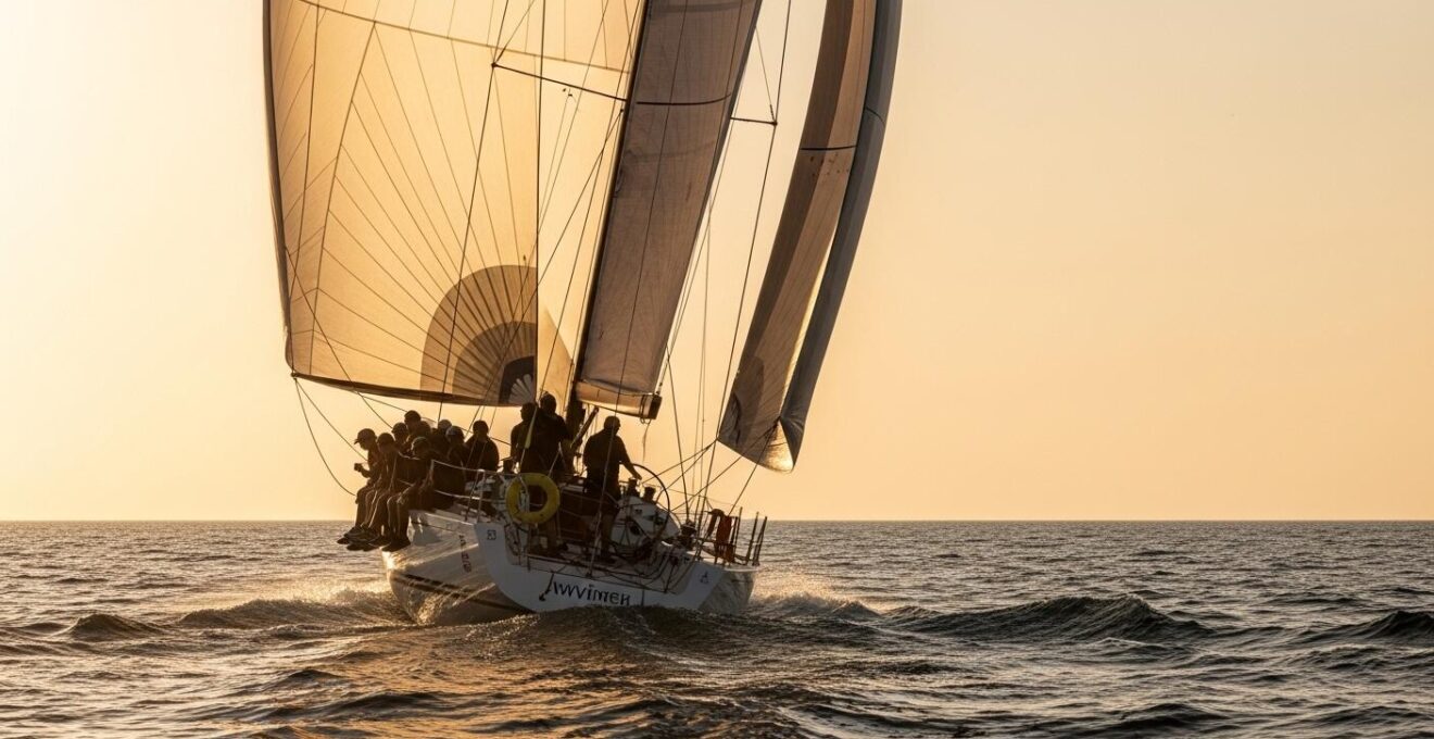 Voilier de régate à la voile capturé au coucher du soleil avec un équipage concentré