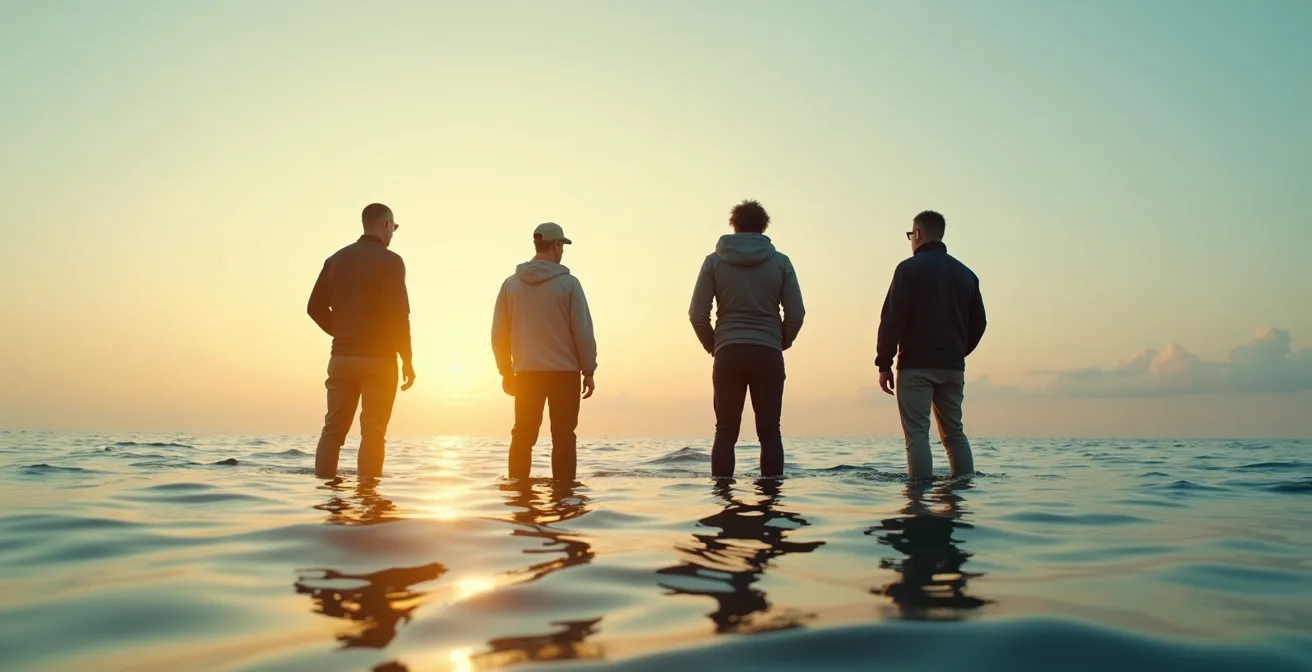 Quatre silhouettes de navigateurs sur fond de mer calme, symbolisant le slow-sailor, digital sea-nomad, eco-navigator et explorateur des hautes latitudes