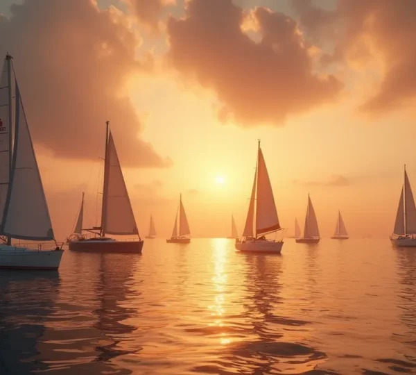 Une scène maritime contemplative avec plusieurs types de voiliers sur l'eau au coucher du soleil, symbolisant la diversité des philosophies de navigation.