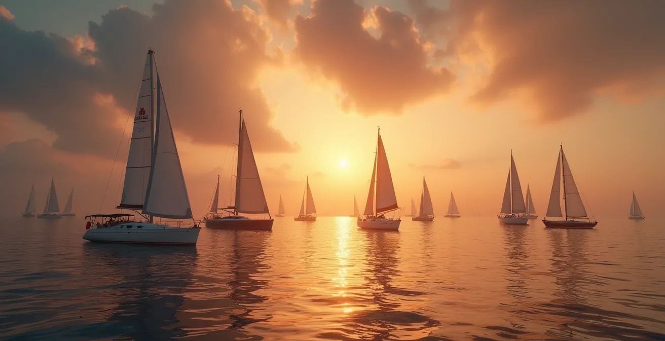 Une scène maritime contemplative avec plusieurs types de voiliers sur l'eau au coucher du soleil, symbolisant la diversité des philosophies de navigation.