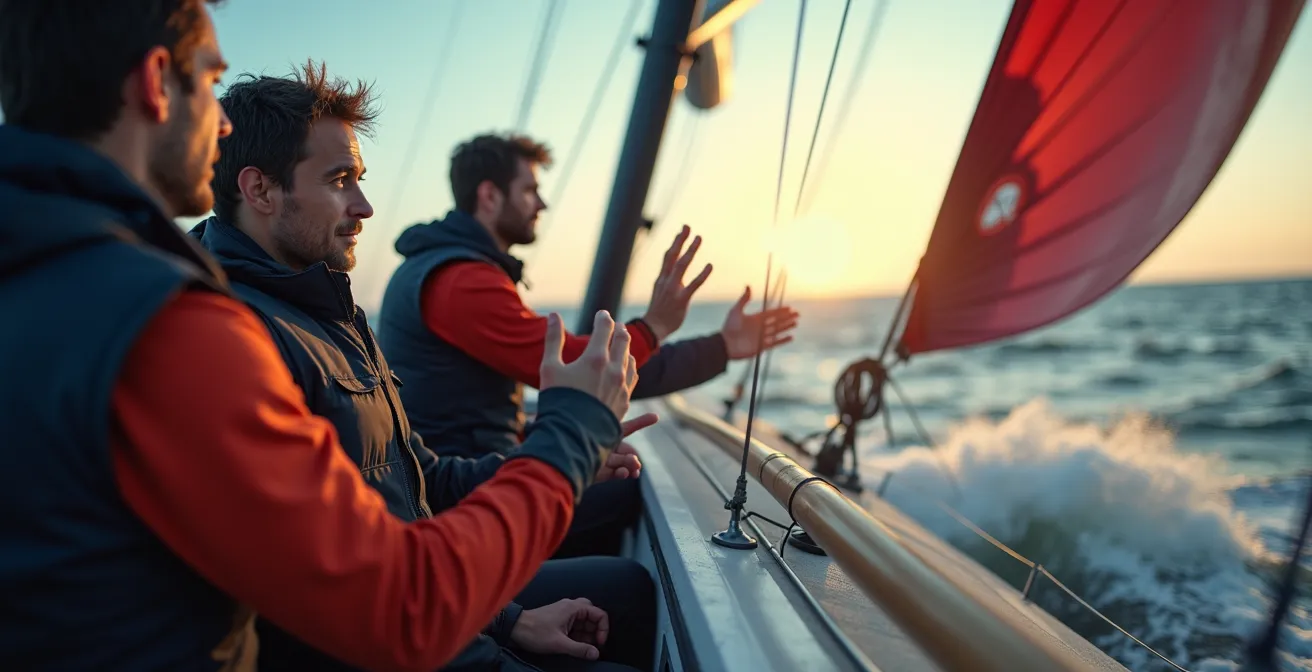 Équipage de voile utilisant des gestes coordonnés pour communiquer durant une manœuvre sous voile, intensité et précision visible.