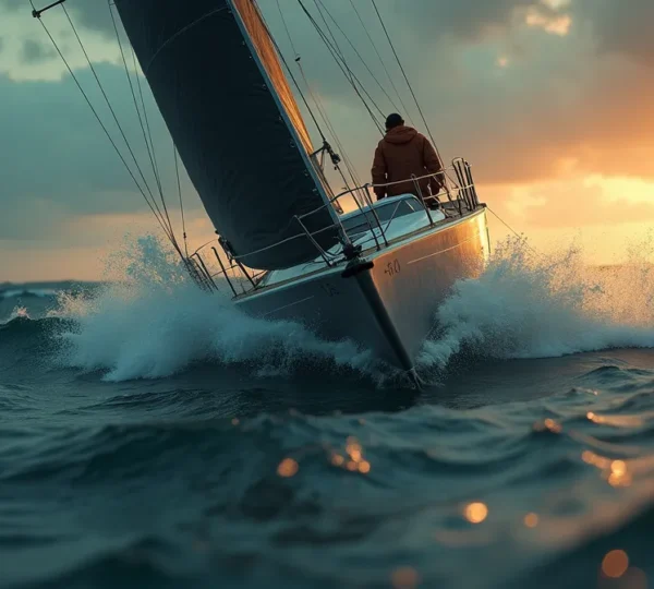 Un skipper en pleine compétition en mer, naviguant sur un voilier sous un ciel dramatique avec des vagues puissantes