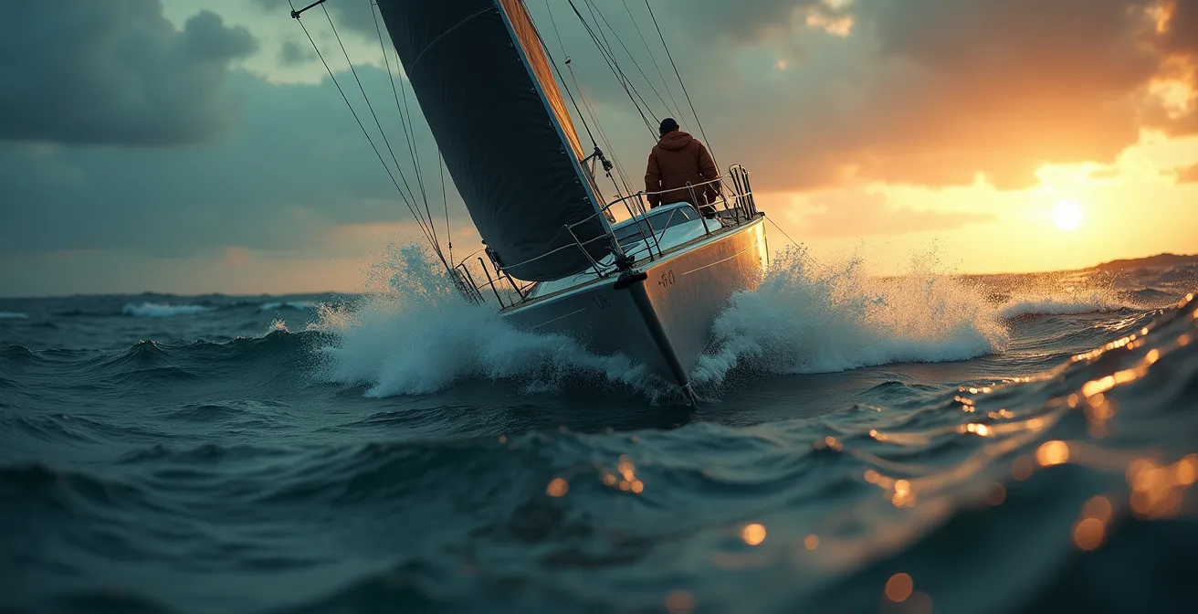 Un skipper en pleine compétition en mer, naviguant sur un voilier sous un ciel dramatique avec des vagues puissantes