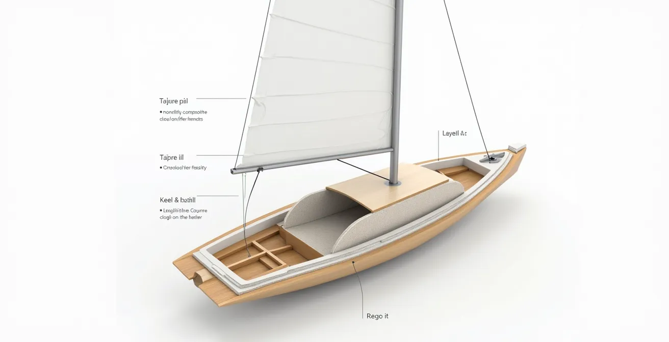 Schéma détaillé montrant la construction d’une coque de voilier en sandwich avec noyau et coque monolithique dans les zones critiques
