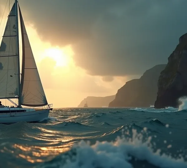 Voilier naviguant en Bretagne avec un skipper formé affrontant une mer changeante au coucher du soleil