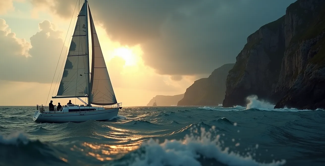 Voilier naviguant en Bretagne avec un skipper formé affrontant une mer changeante au coucher du soleil
