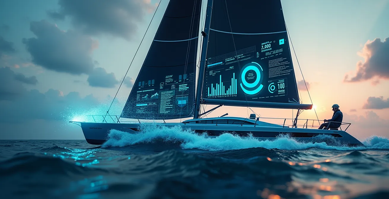 Voilier high-tech en course avec symboles numériques et data en surimpression illustrant l’intelligence artificielle et la technologie en navigation