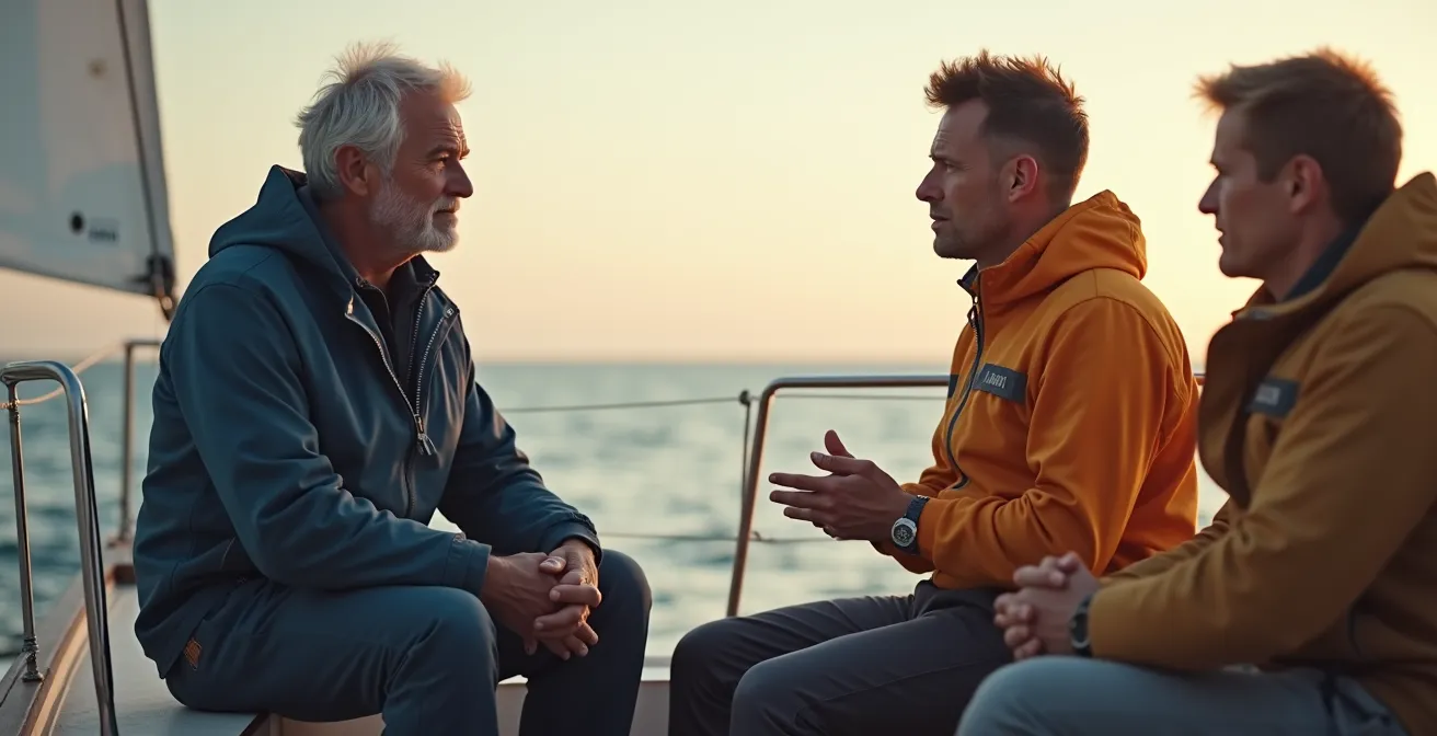 Scène montrant un skipper calmant un conflit entre deux membres d’équipage à bord d’un voilier