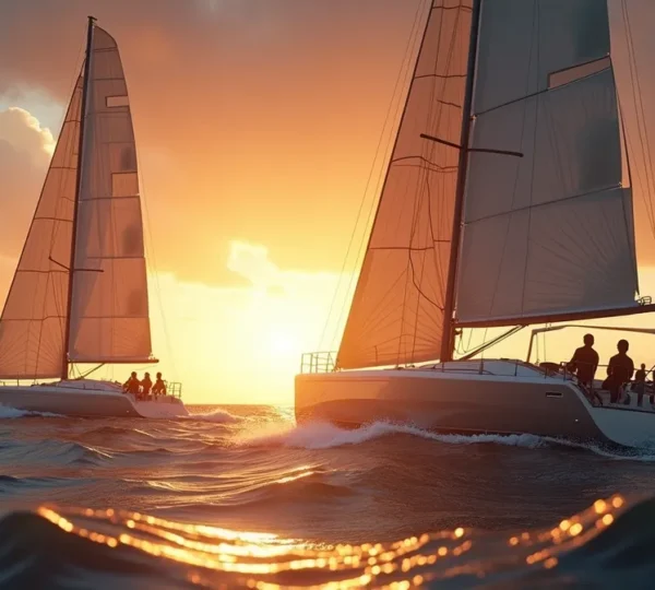 Deux voiliers de compétition, un prototype avec foils innovants et un monotype classique, comparés sur l'eau lors d'une régate dynamique.