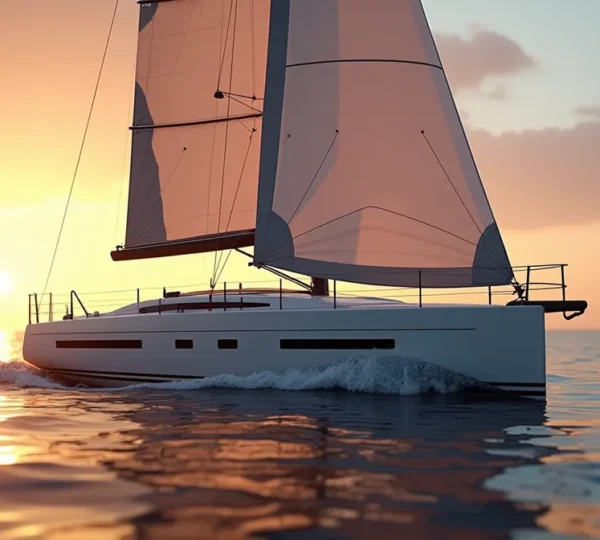 Voilier monocoque de croisière en mer avec une belle gîte sous voile au coucher du soleil