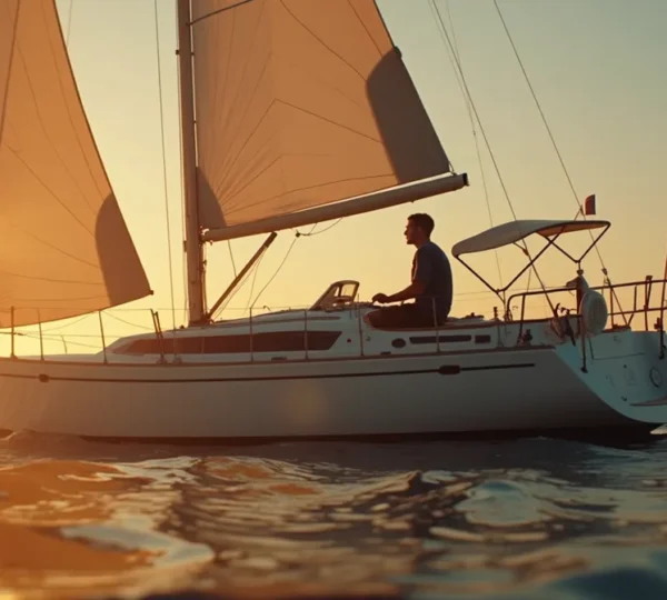 Voilier en pleine navigation avec voiles bien tendues, lumière de fin de journée et mer calme illustrant l'écoute sensorielle du bateau.