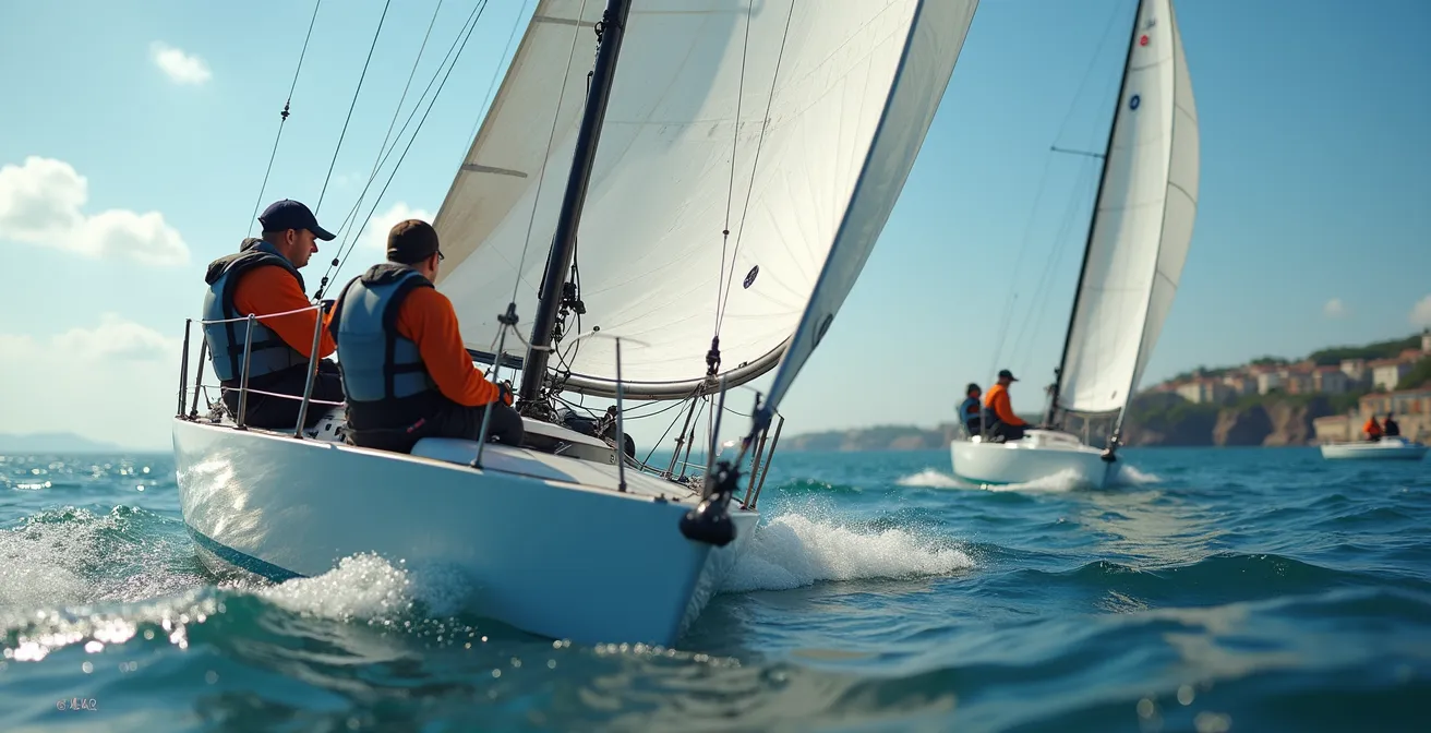 Voilier en pleine manœuvre avec équipage en action sur la mer lors d'un entraînement de régate