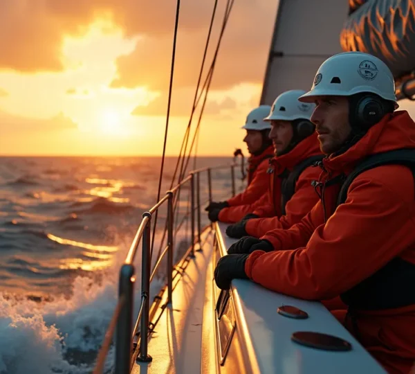 Un équipage vigilant en pleine manoeuvre de sécurité nautique sur un voilier en mer agitée pendant une soirée dorée