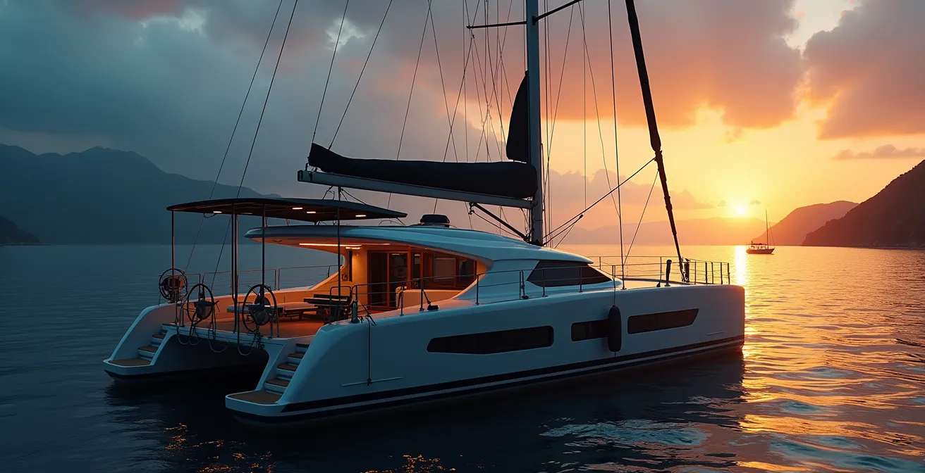 Voilier moderne équipé de panneaux solaires, antenne satellite, et équipements modulaires sur mer calme au coucher du soleil