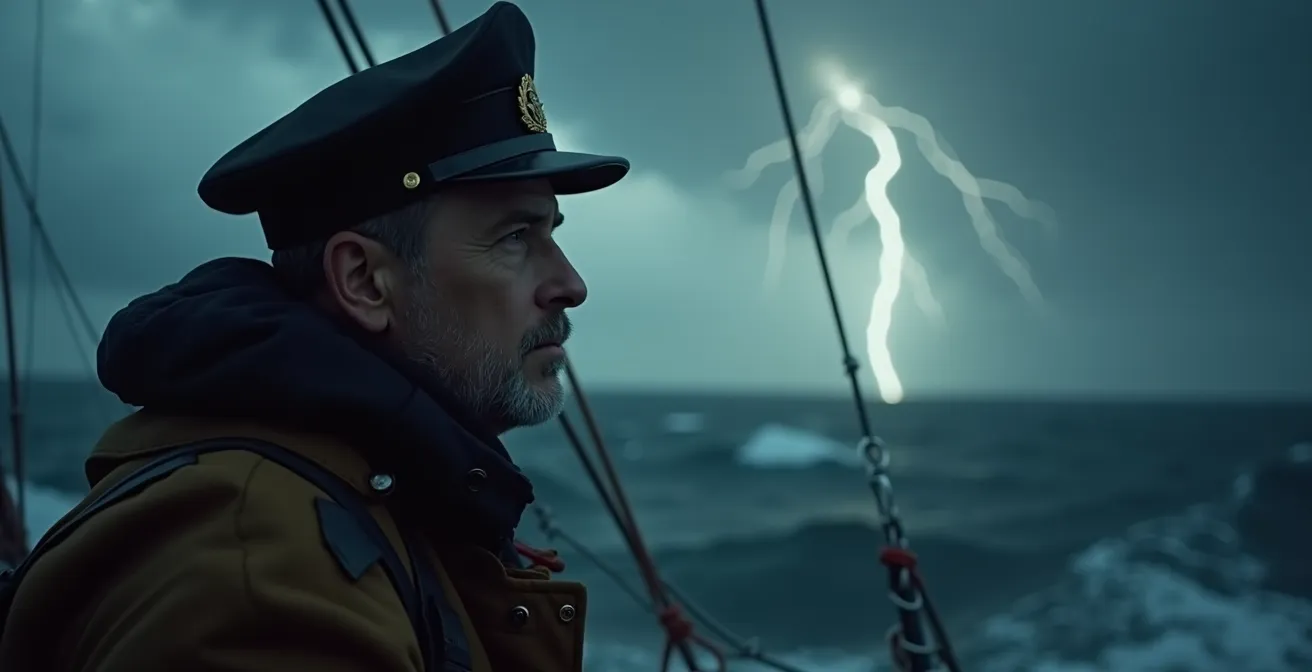 Un skipper scrutant l'horizon tempétueux avec un regard d'humilité, son bateau en mer agitée, symbolisant le danger de l'ego