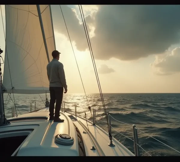 Un marin expérimenté observant l'horizon depuis le pont d'un voilier sous un ciel changeant, évoquant l'anticipation et la maîtrise de la mer